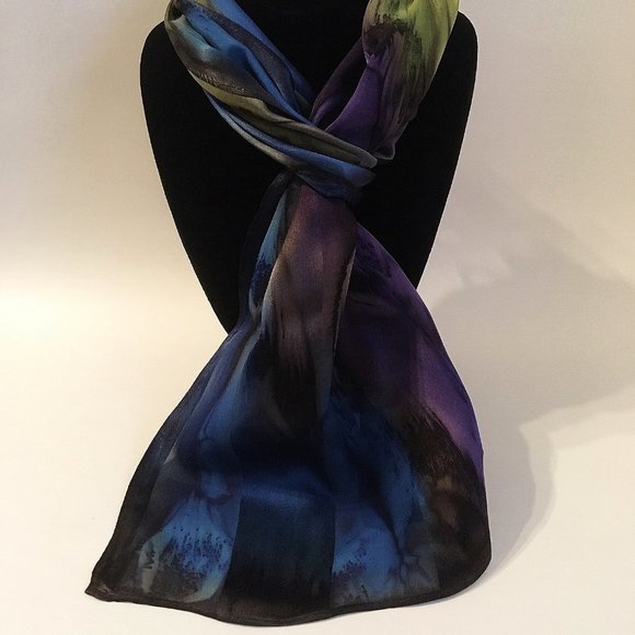 Hand Painted Silk Scarf Eggplant Purple Blue Olive - Picture 2 of 4